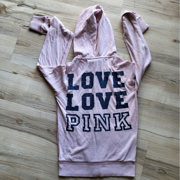 Retired 2009 Love Pink Lightweight Zip Up Hoodie Cotton Blend Pale Pink Blue XS - Picture 2 of 9